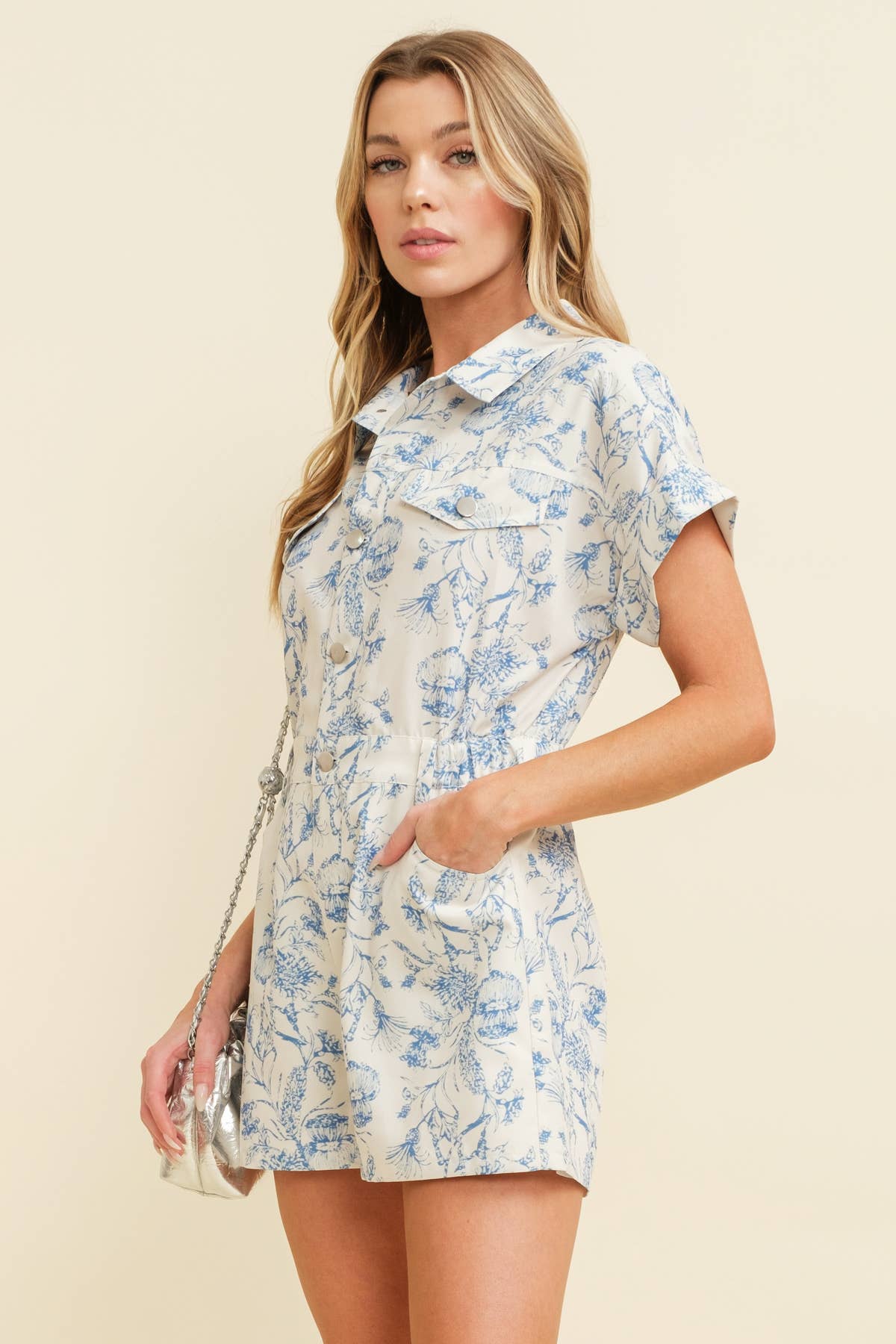 Elegant Floral Button-Up Romper with Collar