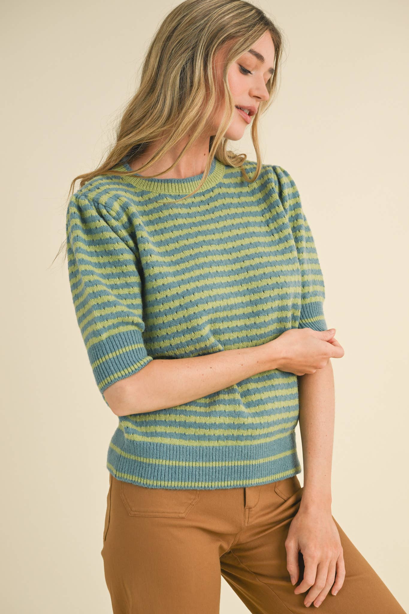 Striped Pointelle Knit Sweater with Puff Sleeves – Lightweight Crew Neck