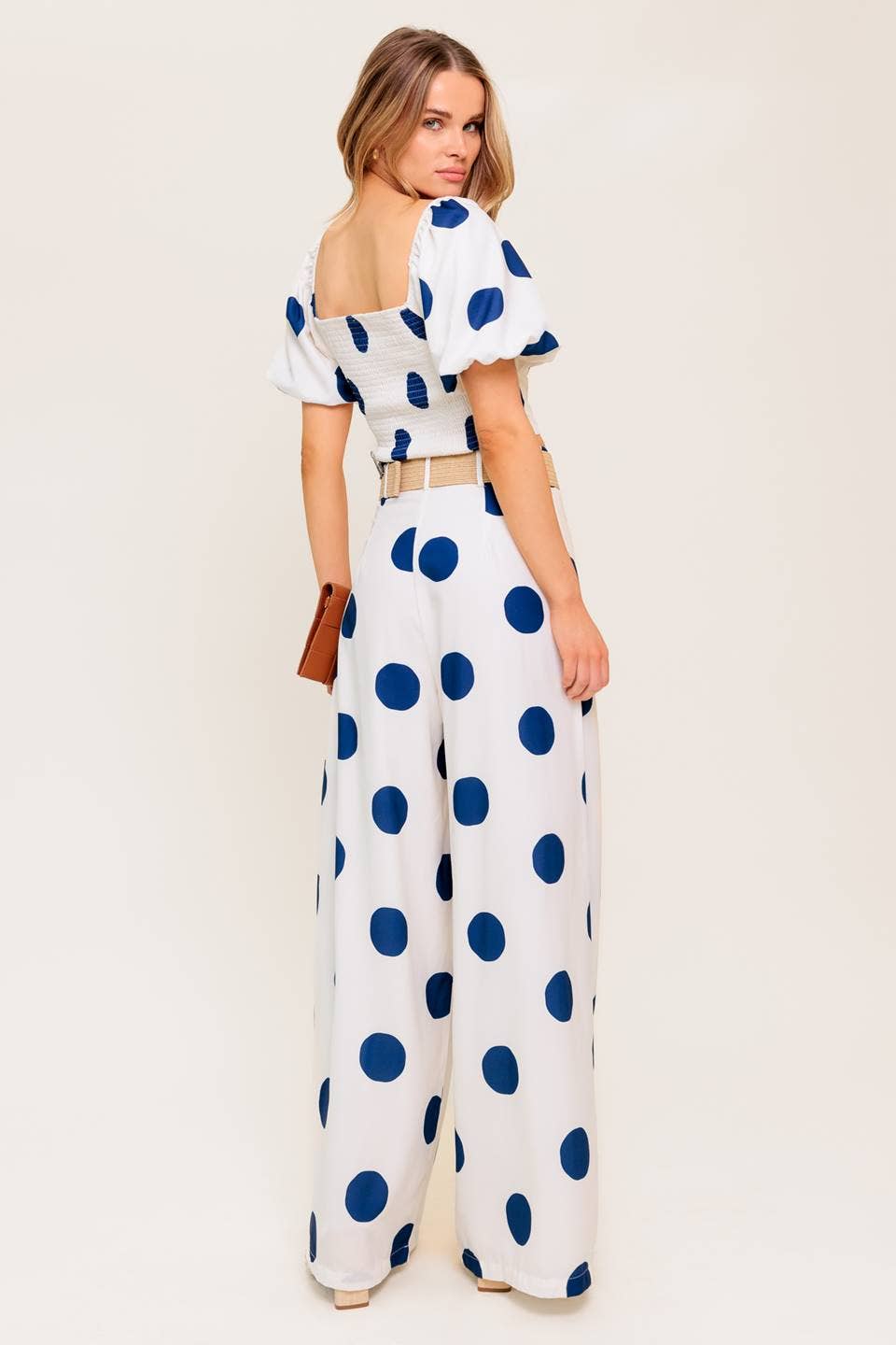 Blue Polka Dot Puff Sleeve Set – Square Neck Top & Streamlined Pants
