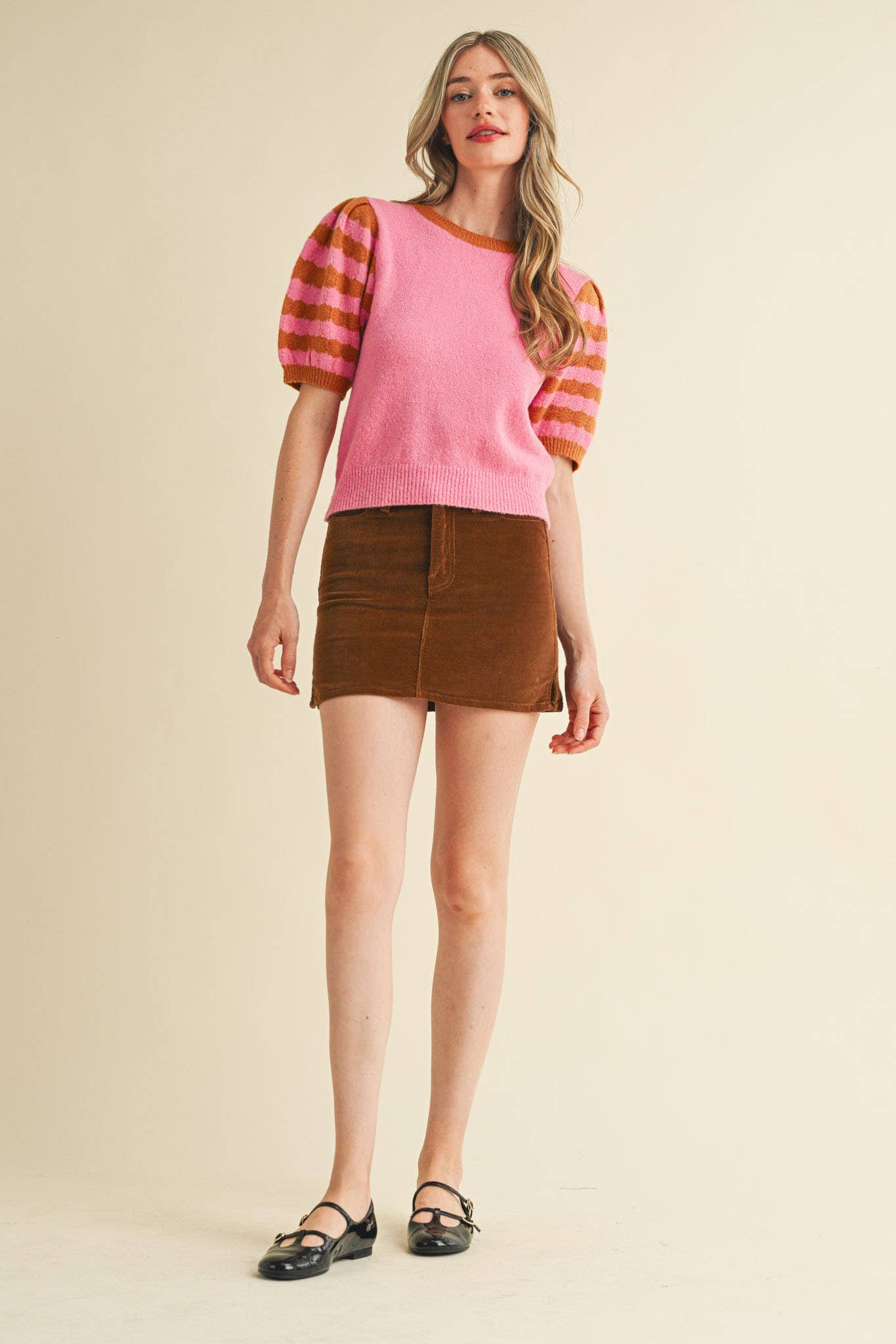 Soft Knit Striped Sweater with Puff Sleeves