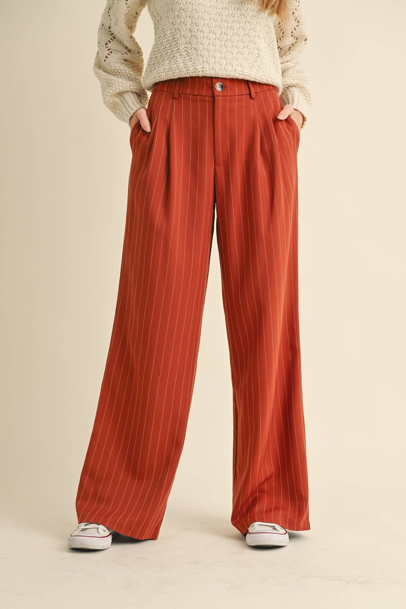 High-Waisted Pinstripe Wide Leg Trousers – Pleated Waist with Pockets & Zip Closure