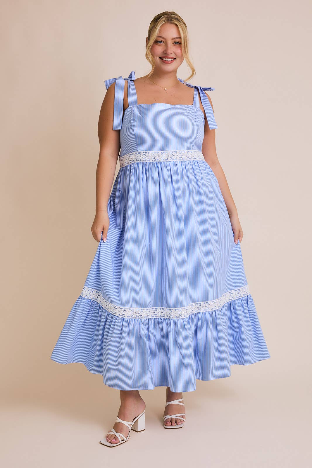 PLUS SQUARE NECK TIE STRAP LACE TIRM STRIPE DRESS