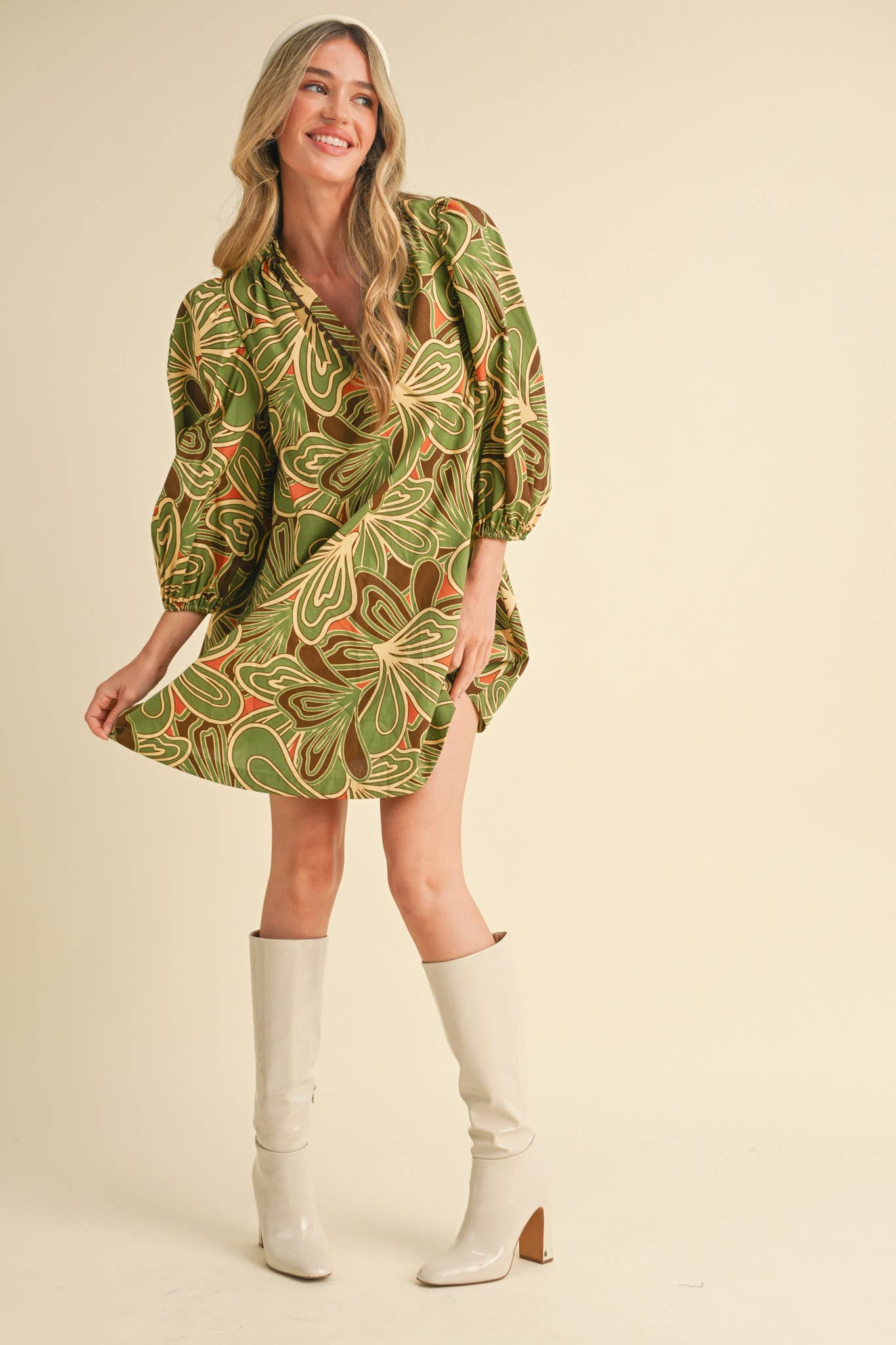 Ruffled V-Neck Mini Dress with Puff Sleeves – Scalloped Trim & A-Line Fit