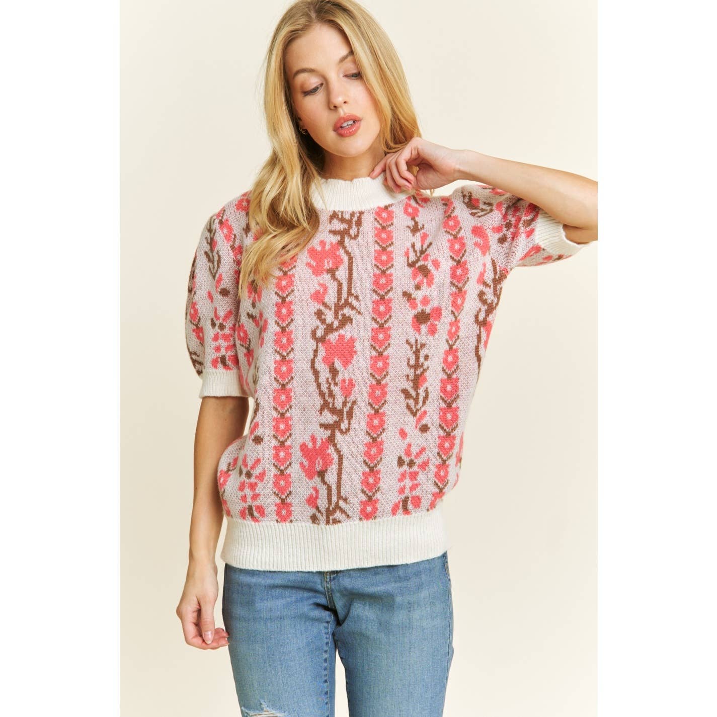 CUTE FLORAL JACQUARD CASUAL PULLOVER SWEATER