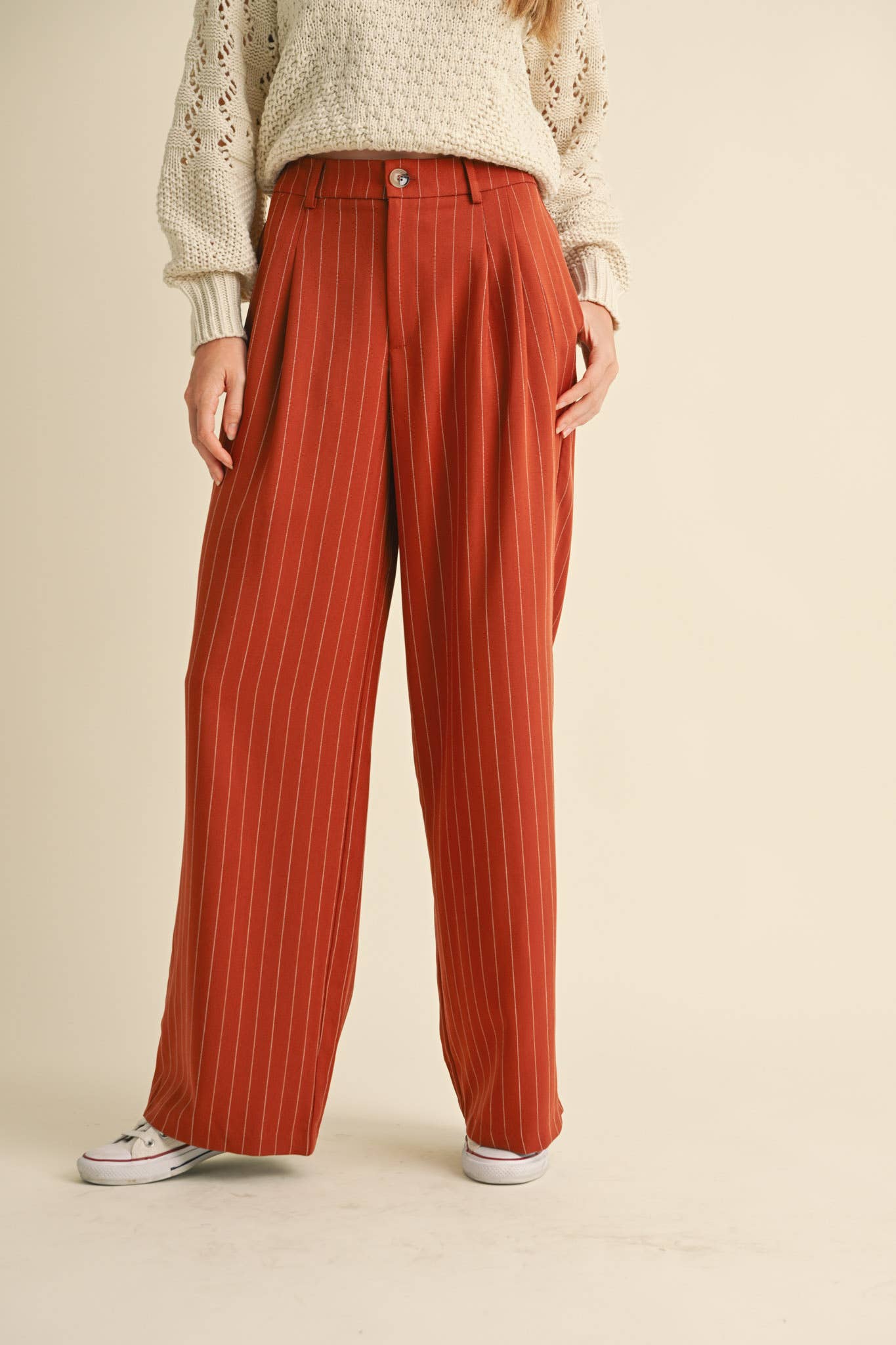 High-Waisted Pinstripe Wide Leg Trousers – Pleated Waist with Pockets & Zip Closure