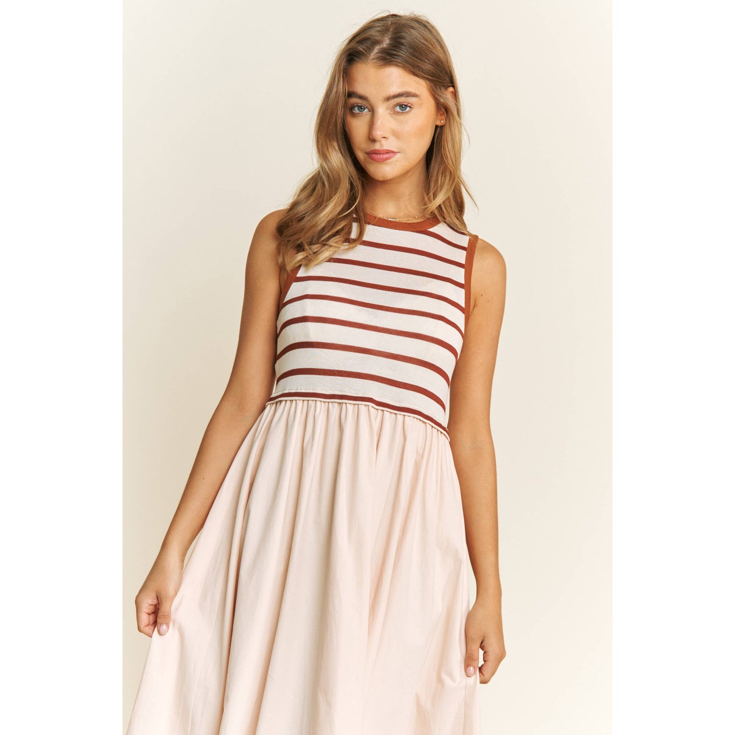Cotton Maxi Dress with Knit Stripe Top – Sleeveless Pullover