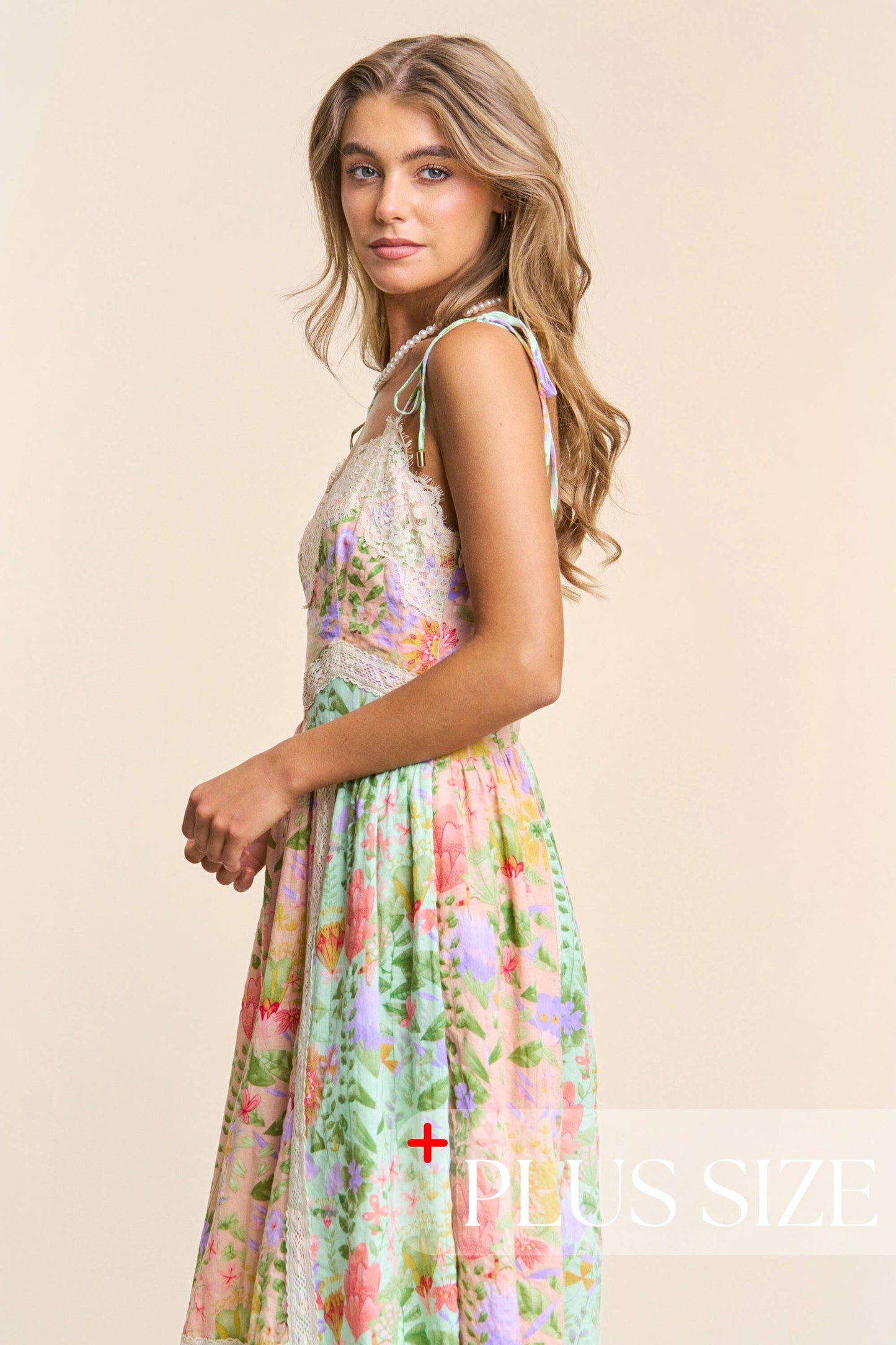 Plus Size Floral Lace Trim Tiered Midi Dress with Spaghetti Tie Straps