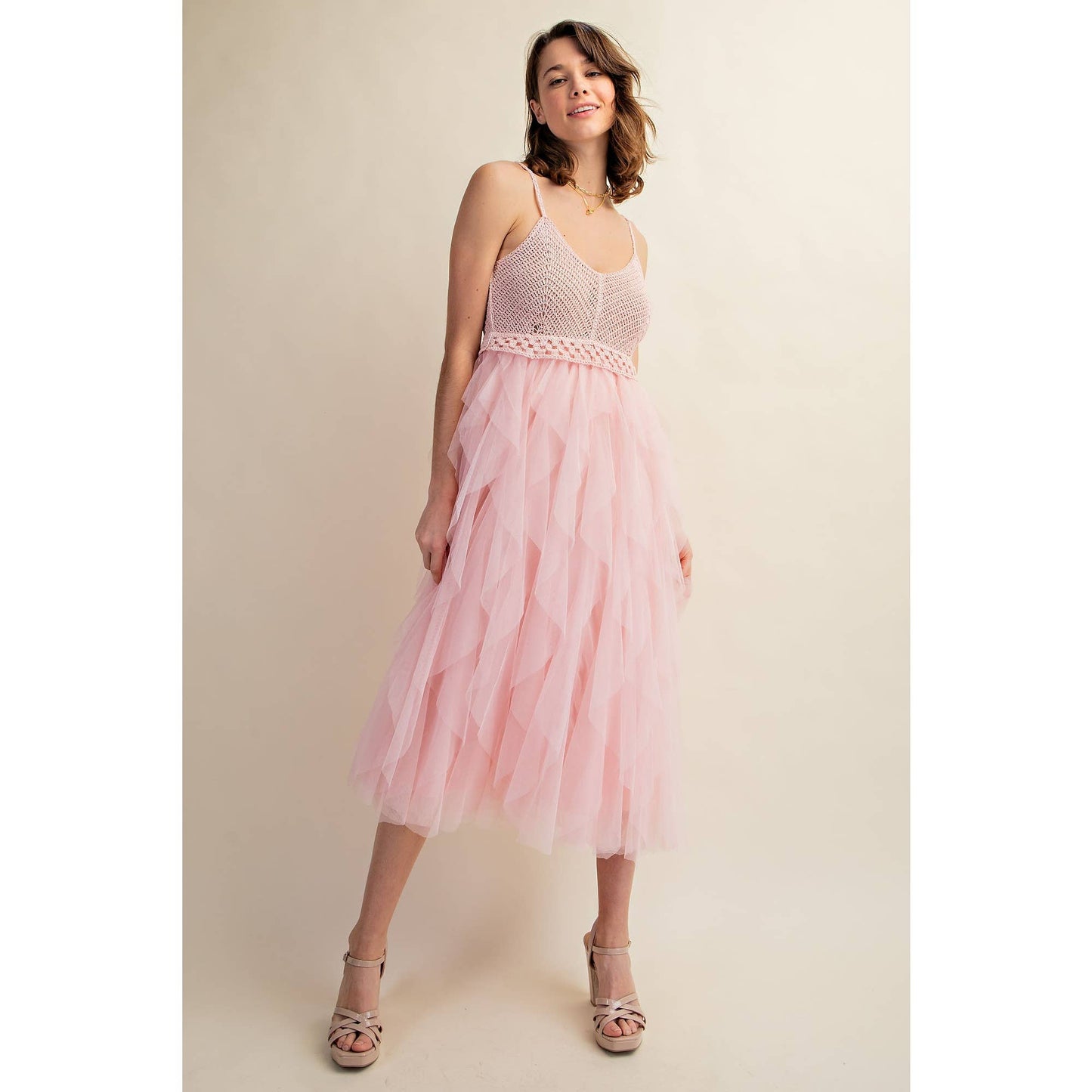 Tulle Midi Crochet Dress – Heart Neckline & Adjustable Waist
