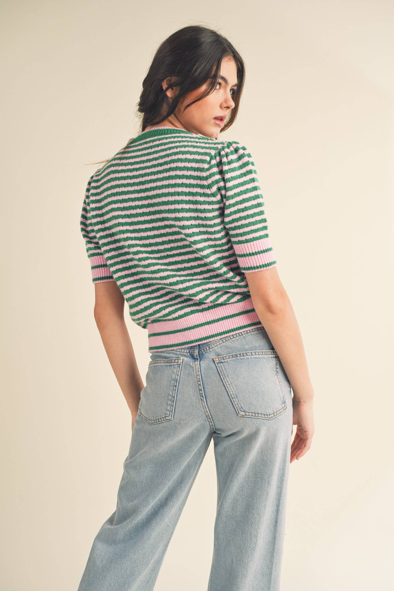 Striped Pointelle Knit Sweater with Puff Sleeves – Lightweight Crew Neck