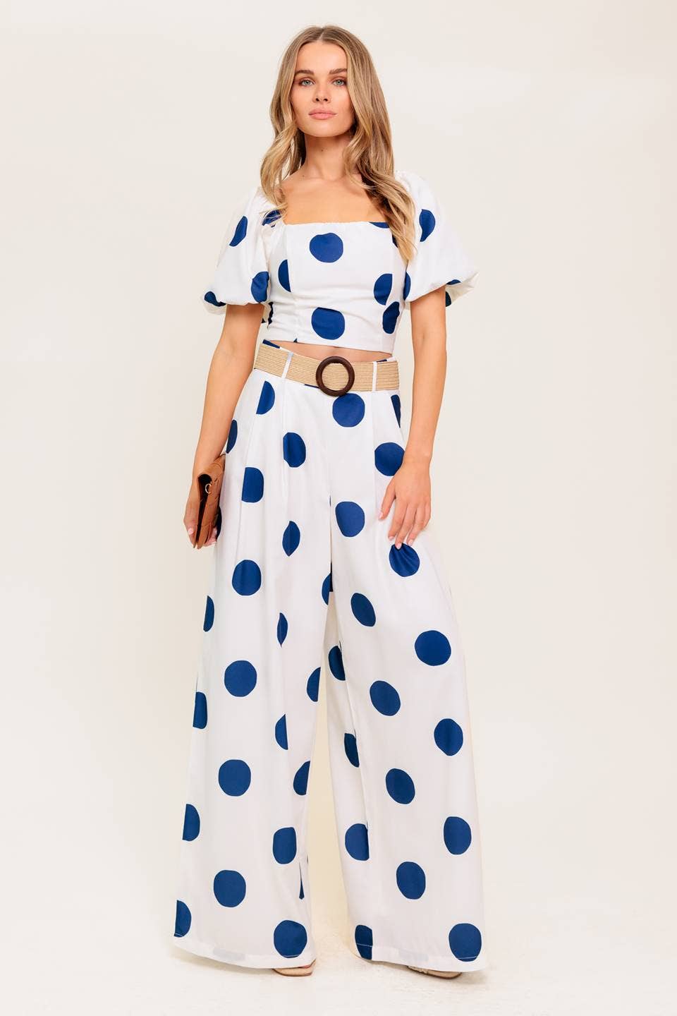 Blue Polka Dot Puff Sleeve Set – Square Neck Top & Streamlined Pants