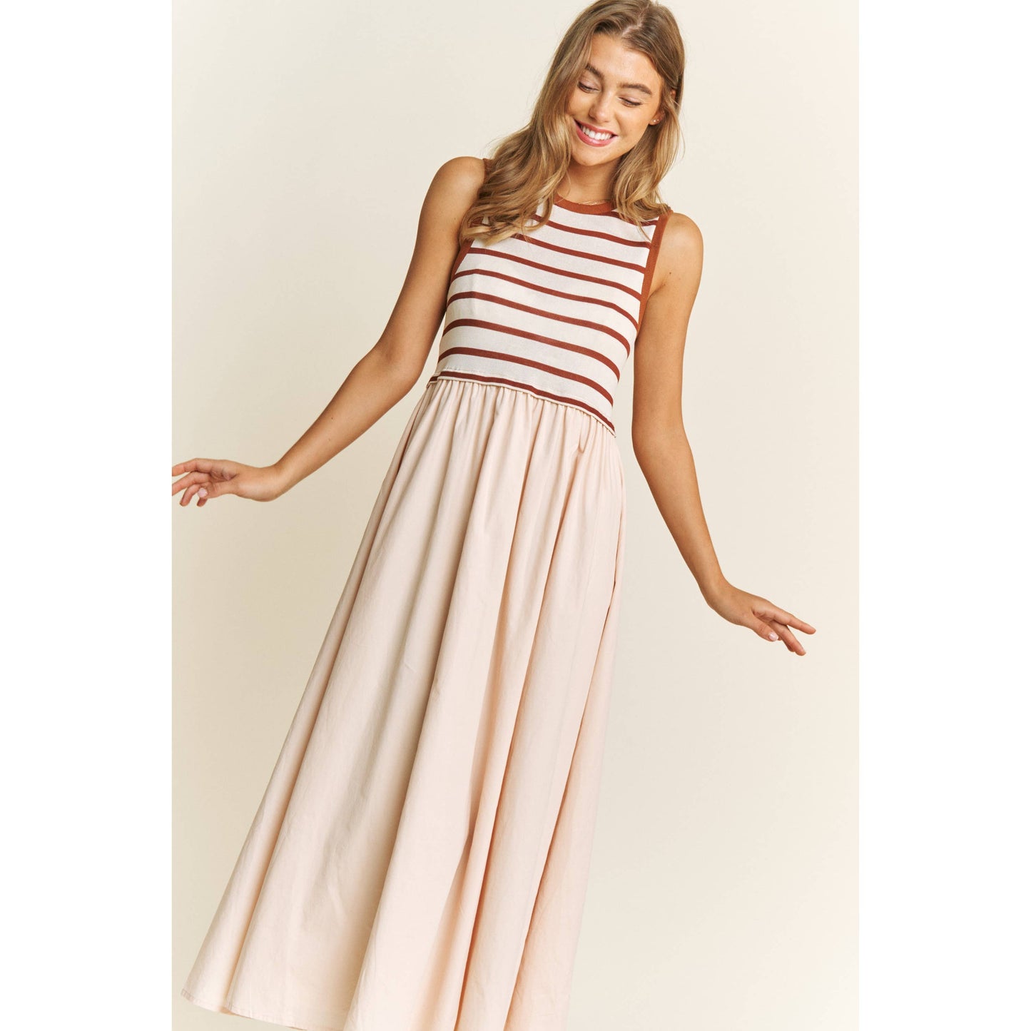 Cotton Maxi Dress with Knit Stripe Top – Sleeveless Pullover