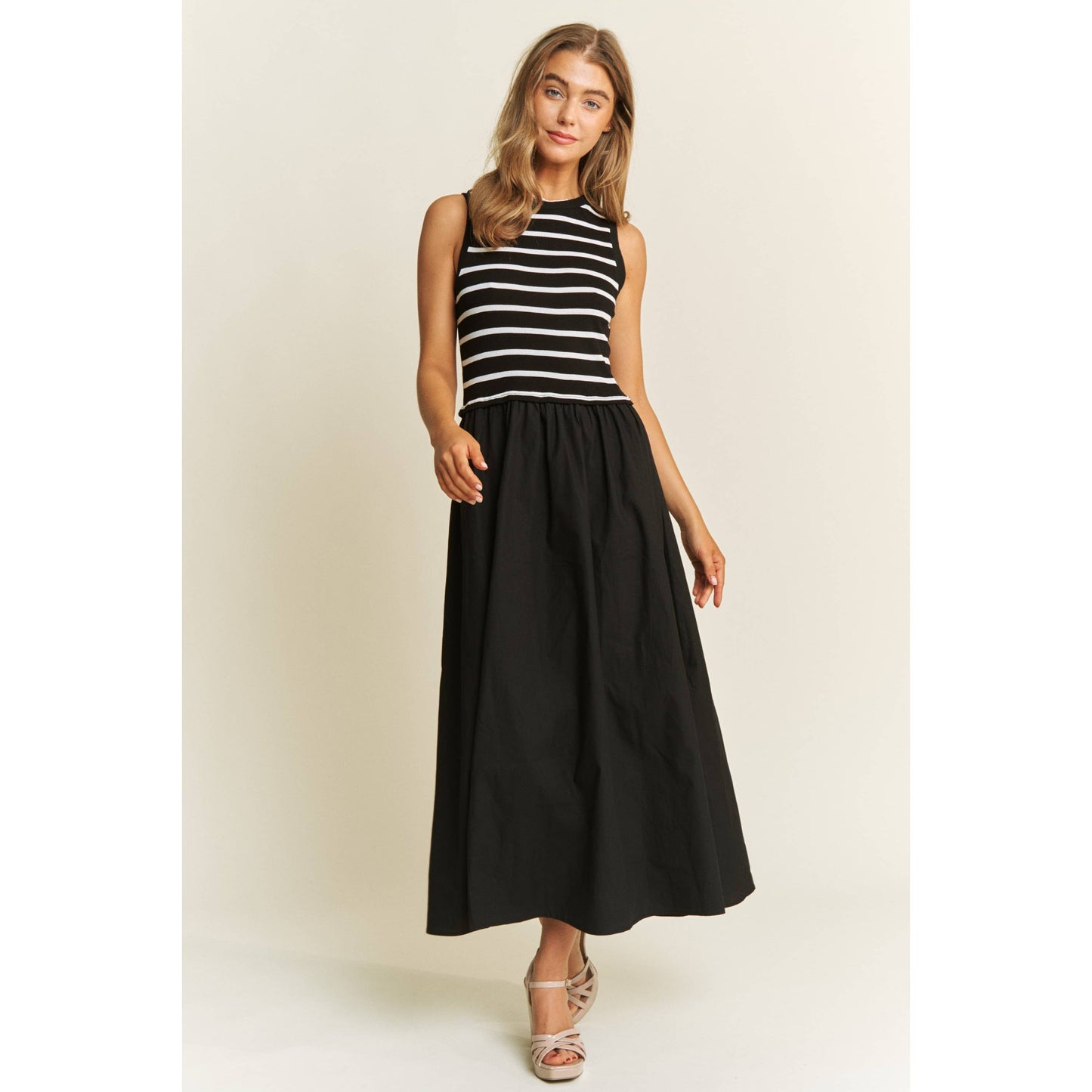 Cotton Maxi Dress with Knit Stripe Top – Sleeveless Pullover