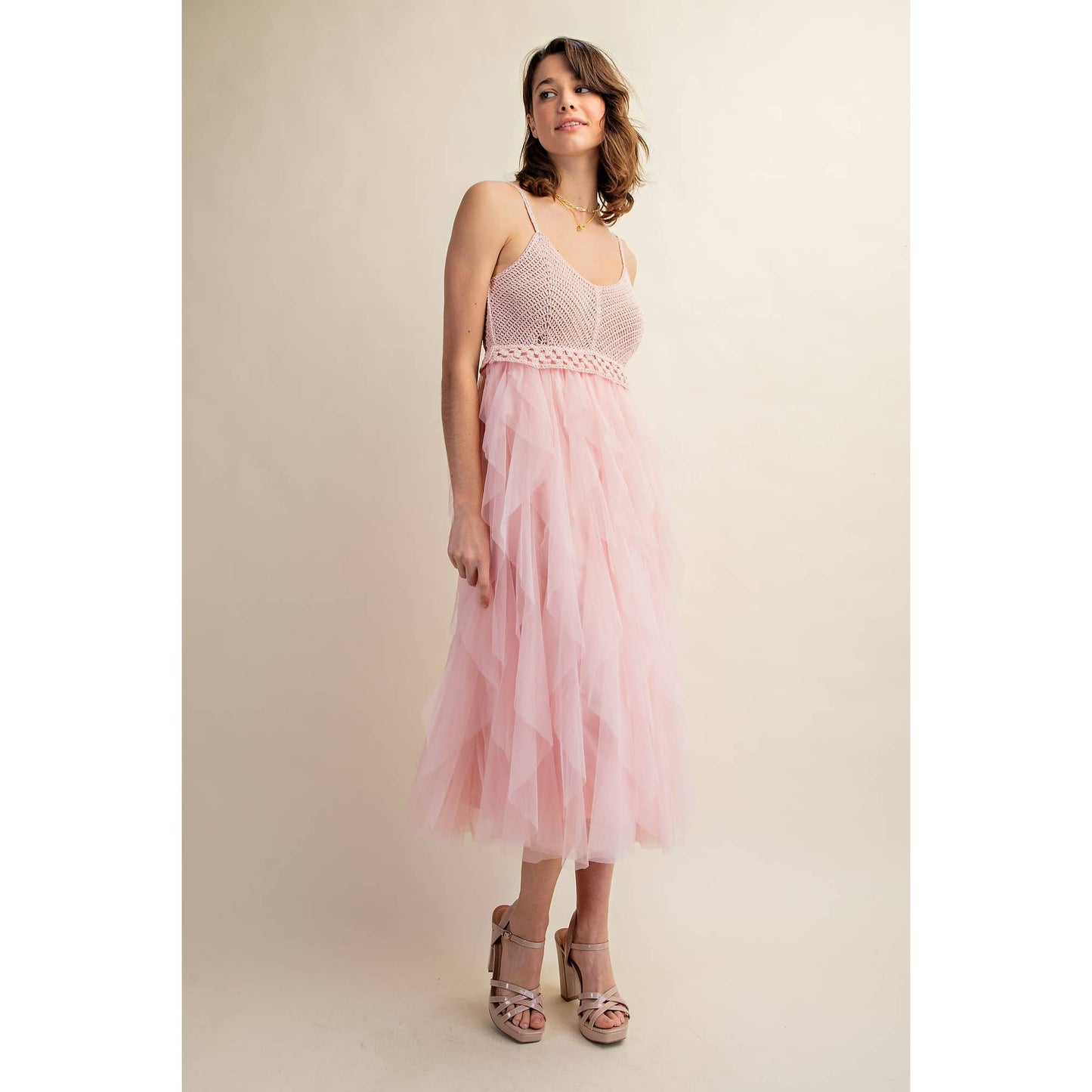 Tulle Midi Crochet Dress – Heart Neckline & Adjustable Waist