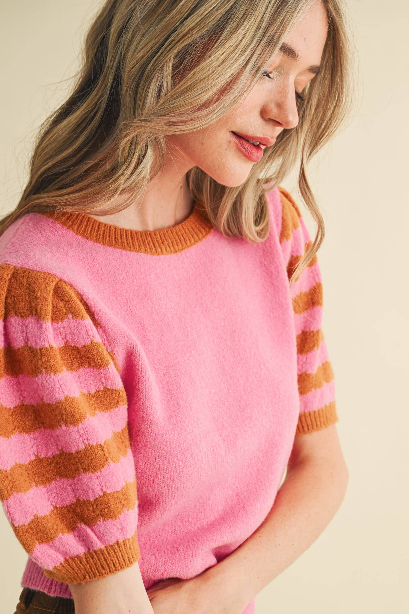 Soft Knit Striped Sweater with Puff Sleeves