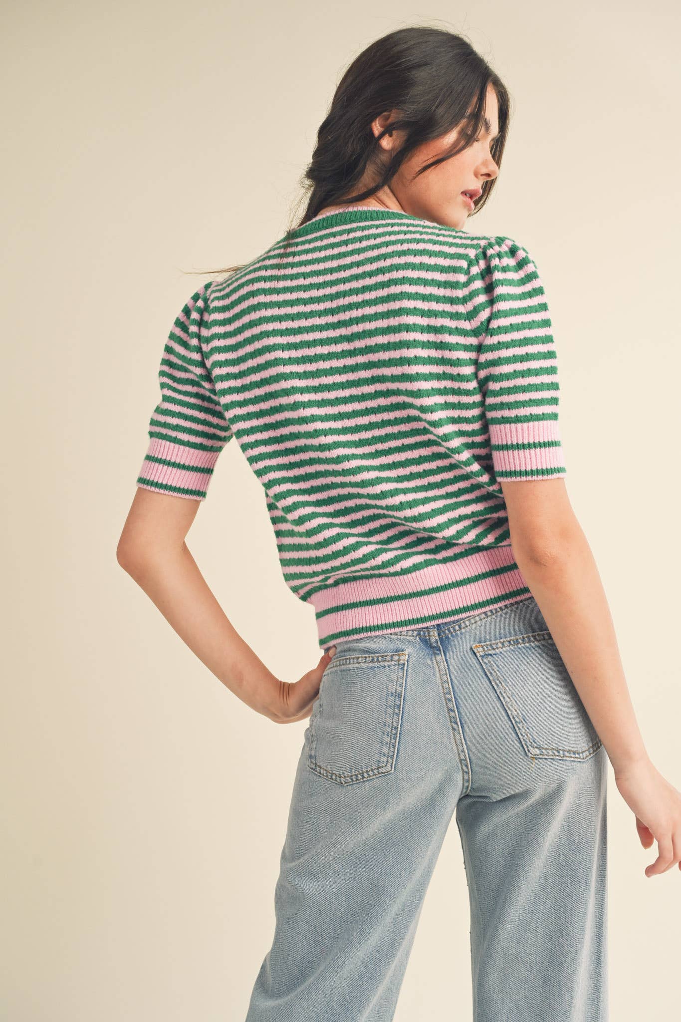 Striped Pointelle Knit Sweater with Puff Sleeves – Lightweight Crew Neck