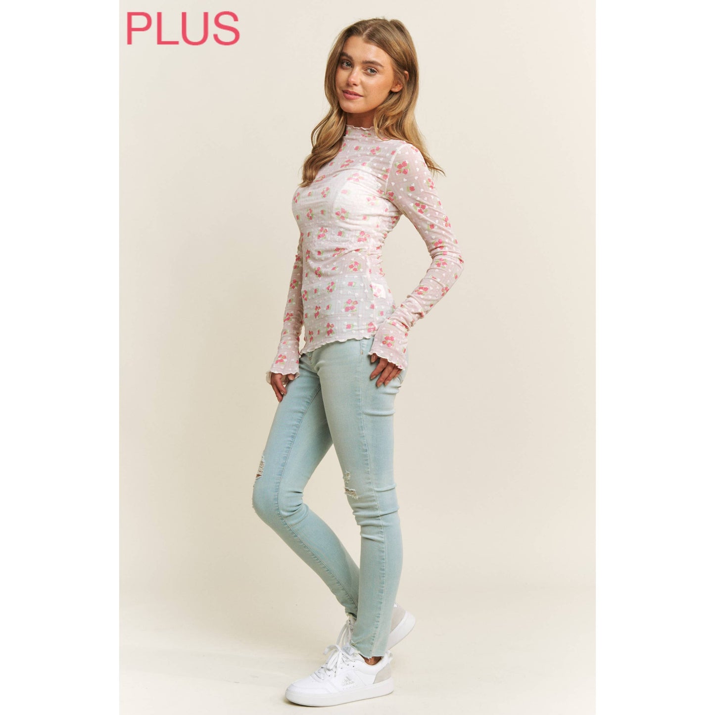 CUTE MESH HEART FLOCKING WITH FLORAL PRINT HIGH NECK DESIGN