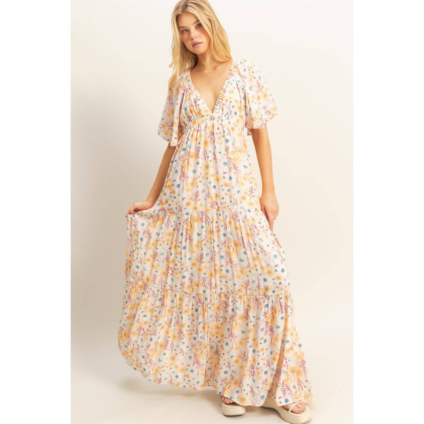 Floral V-Neck Flowy Tiered Maxi Dress