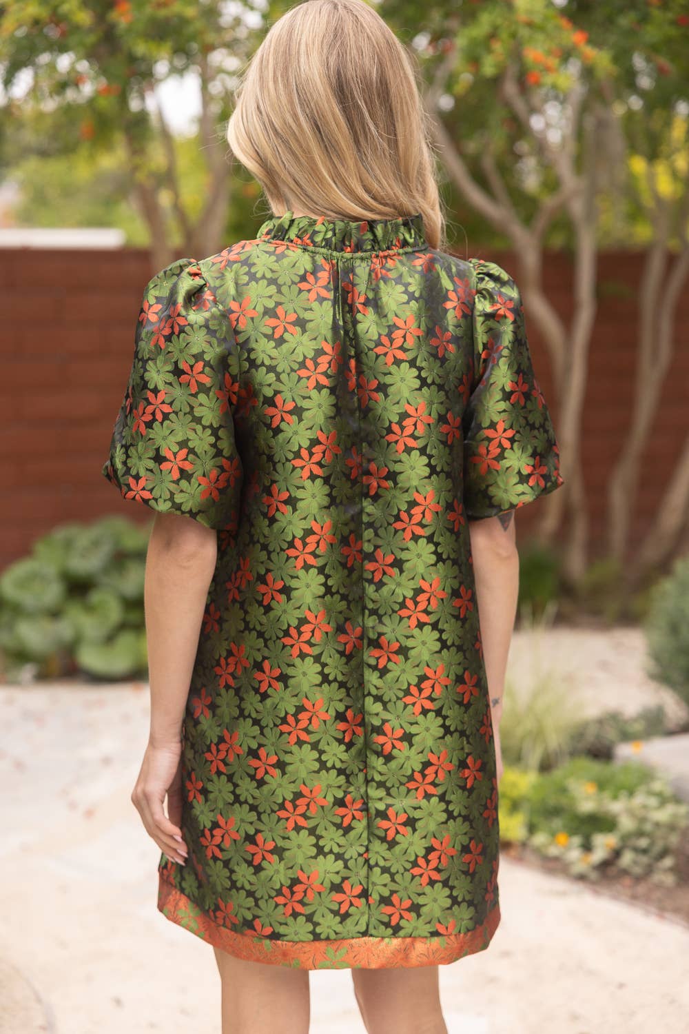 Floral Jaquard Ruffled V-Neck Shift Dress