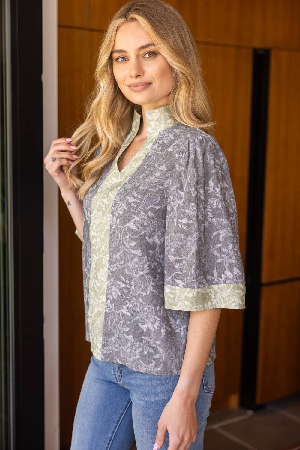 Color Block Floral Top – Wide Sleeve, High V-Neck