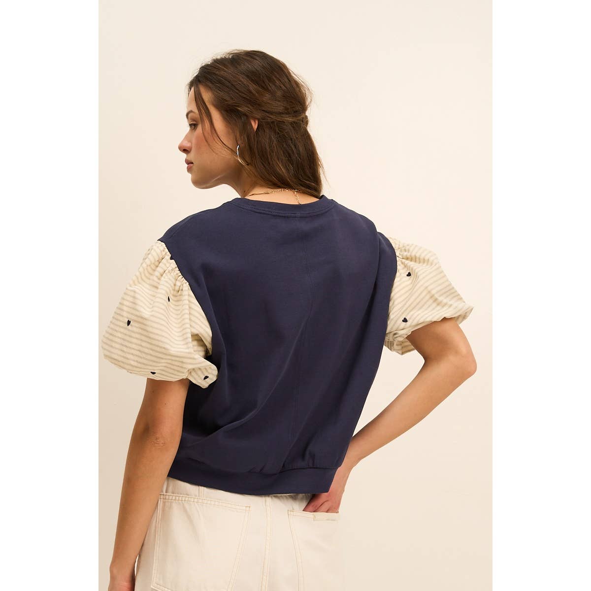 Striped Puff Sleeve Top with Heart Detail – Feminine Blouse