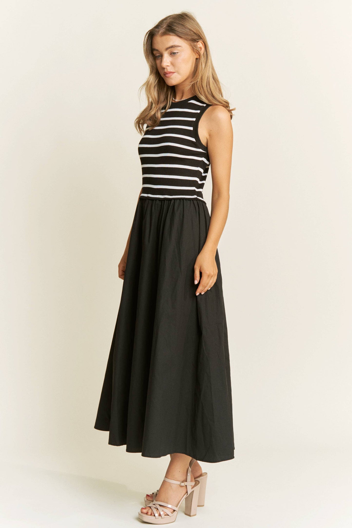 Cotton Maxi Dress with Knit Stripe Top – Sleeveless Pullover