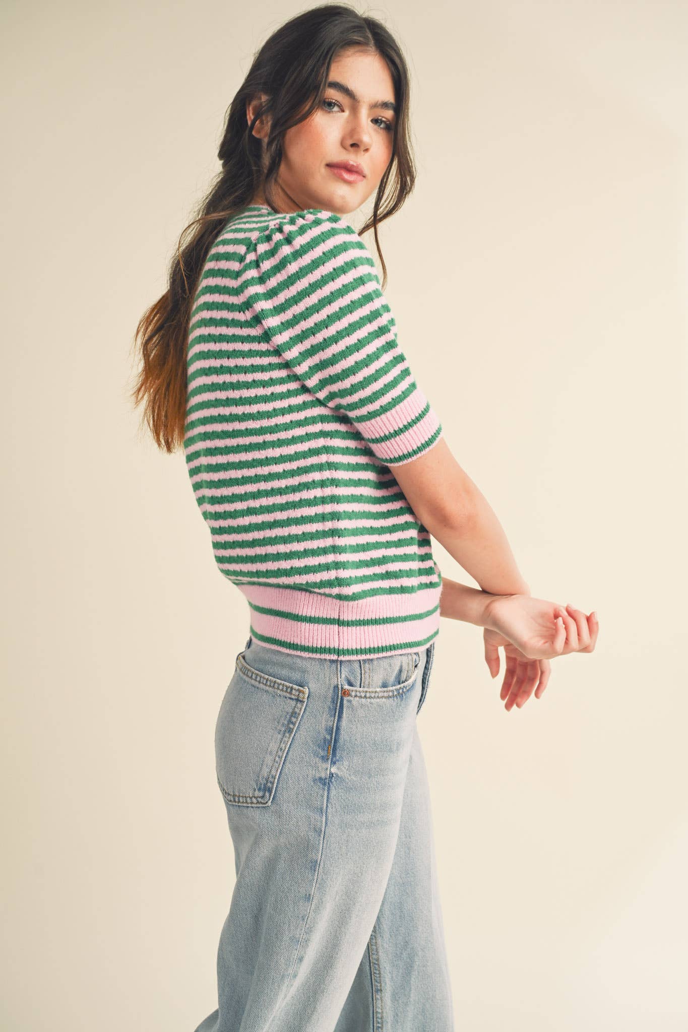 Striped Pointelle Knit Sweater with Puff Sleeves – Lightweight Crew Neck