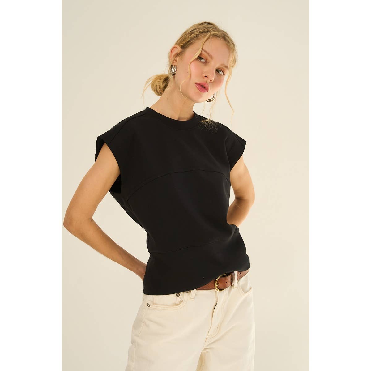 Adjustable Buckle Drop Shoulder Knit Top with Back Slit — Soft Cotton Blend