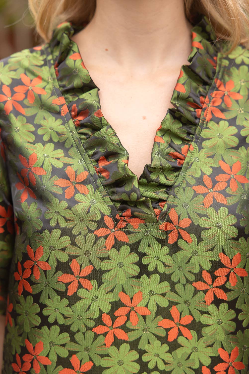 Floral Jaquard Ruffled V-Neck Shift Dress