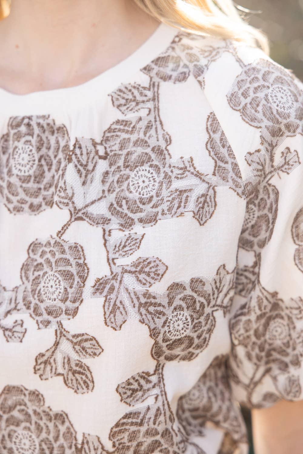 Floral Bubble Sleeve Top – Ribbed Round Neck Blouse