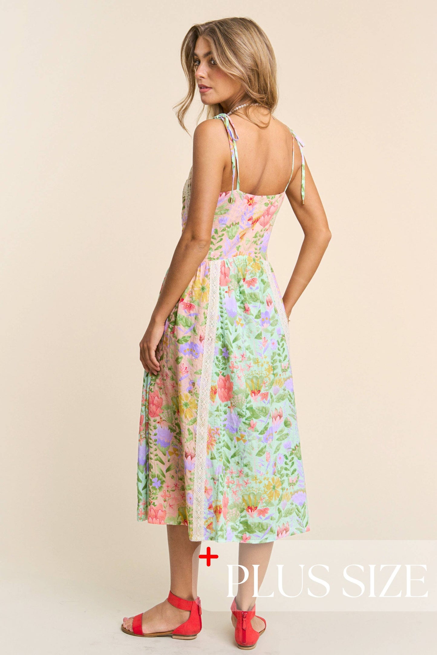 Plus Size Floral Lace Trim Tiered Midi Dress with Spaghetti Tie Straps