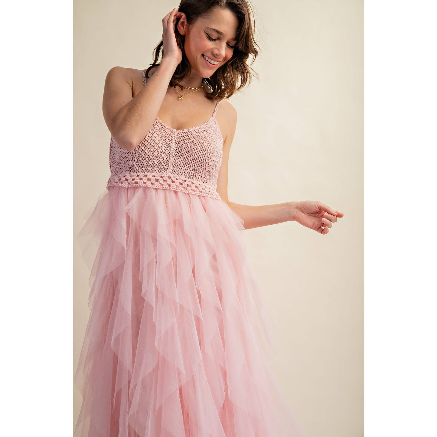Tulle Midi Crochet Dress – Heart Neckline & Adjustable Waist