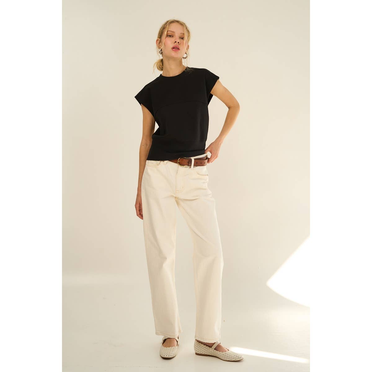 Adjustable Buckle Drop Shoulder Knit Top with Back Slit — Soft Cotton Blend
