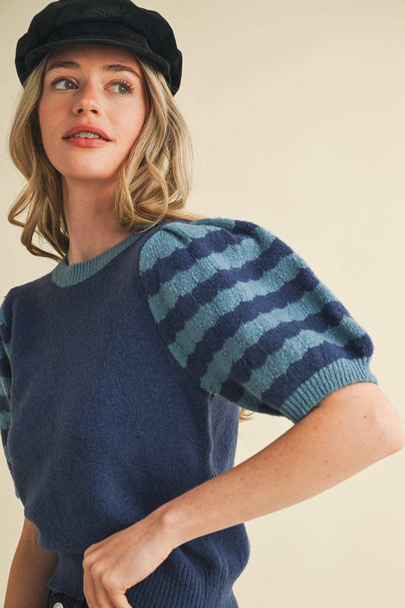 Soft Knit Striped Sweater with Puff Sleeves