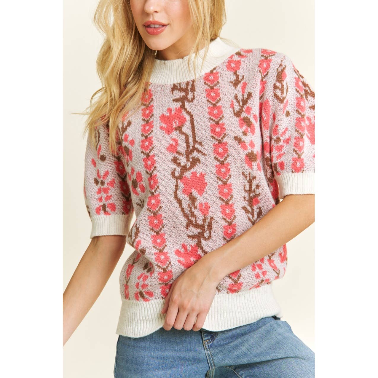 CUTE FLORAL JACQUARD CASUAL PULLOVER SWEATER