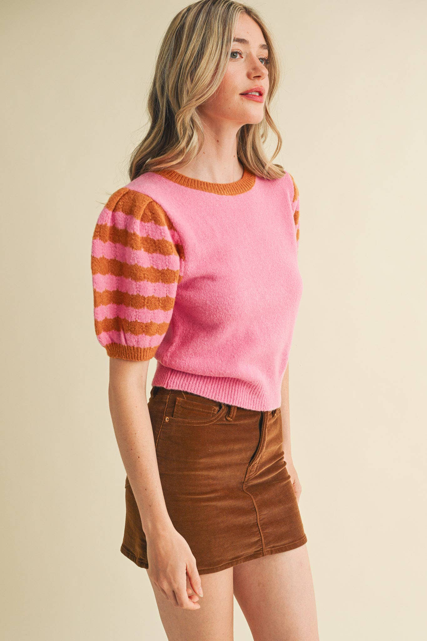 Soft Knit Striped Sweater with Puff Sleeves