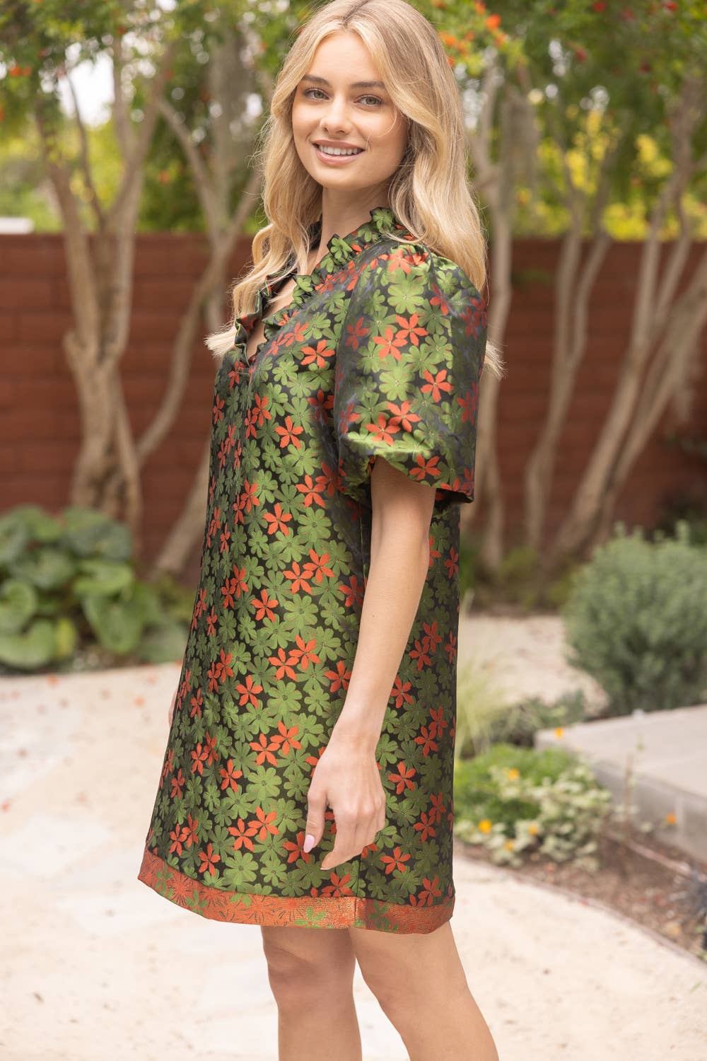 Floral Jaquard Ruffled V-Neck Shift Dress