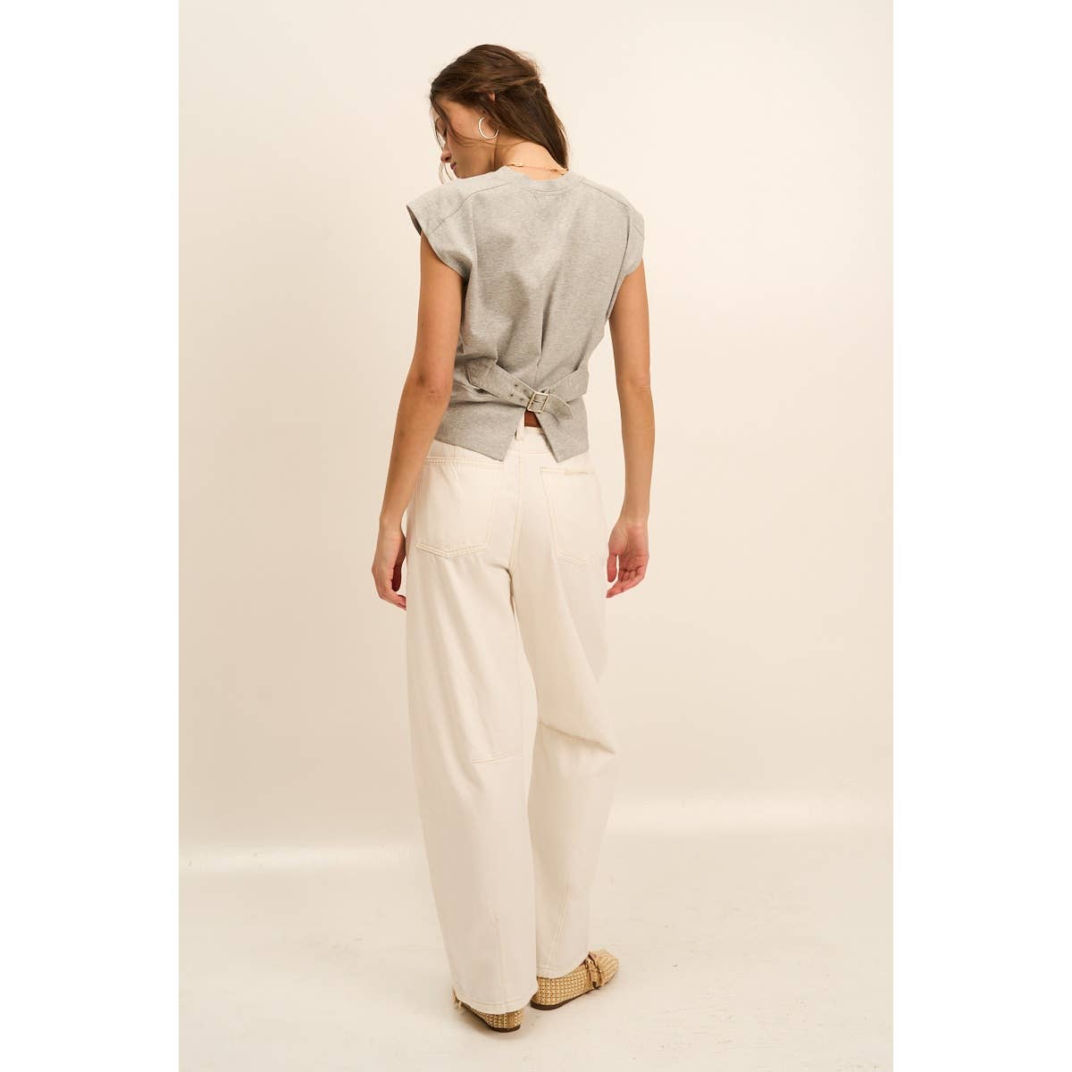 Adjustable Buckle Drop Shoulder Knit Top with Back Slit — Soft Cotton Blend