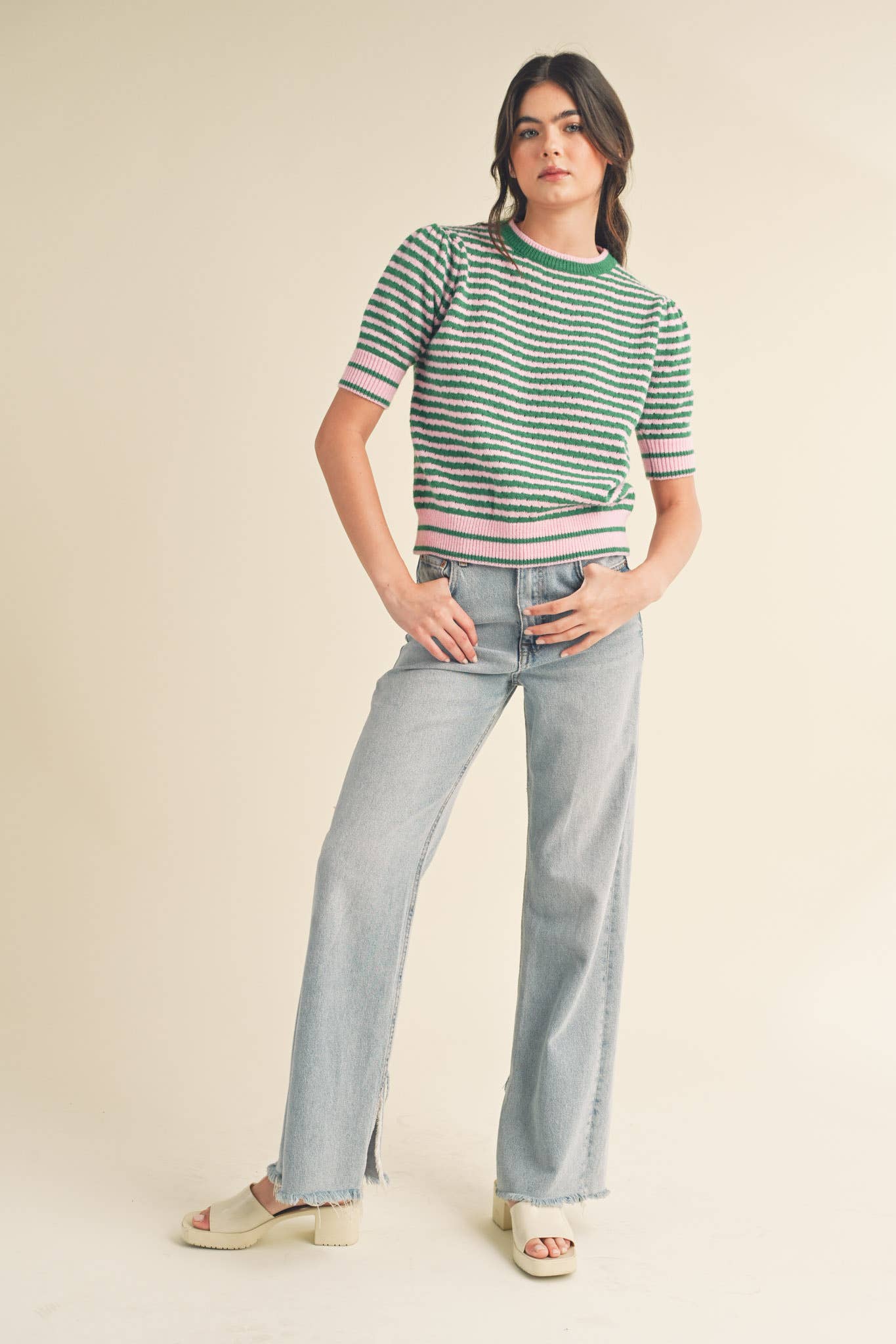 Striped Pointelle Knit Sweater with Puff Sleeves – Lightweight Crew Neck