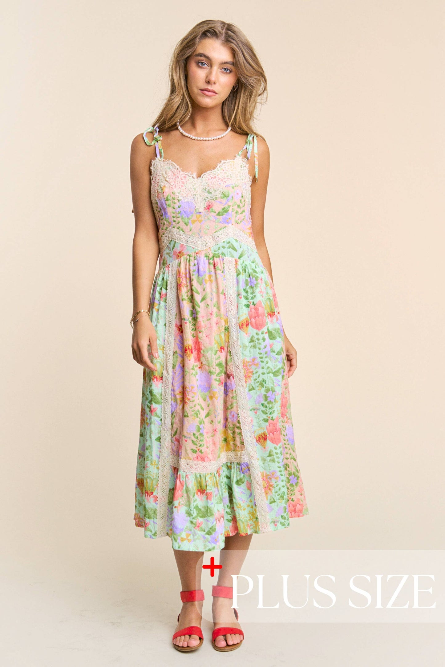 Plus Size Floral Lace Trim Tiered Midi Dress with Spaghetti Tie Straps