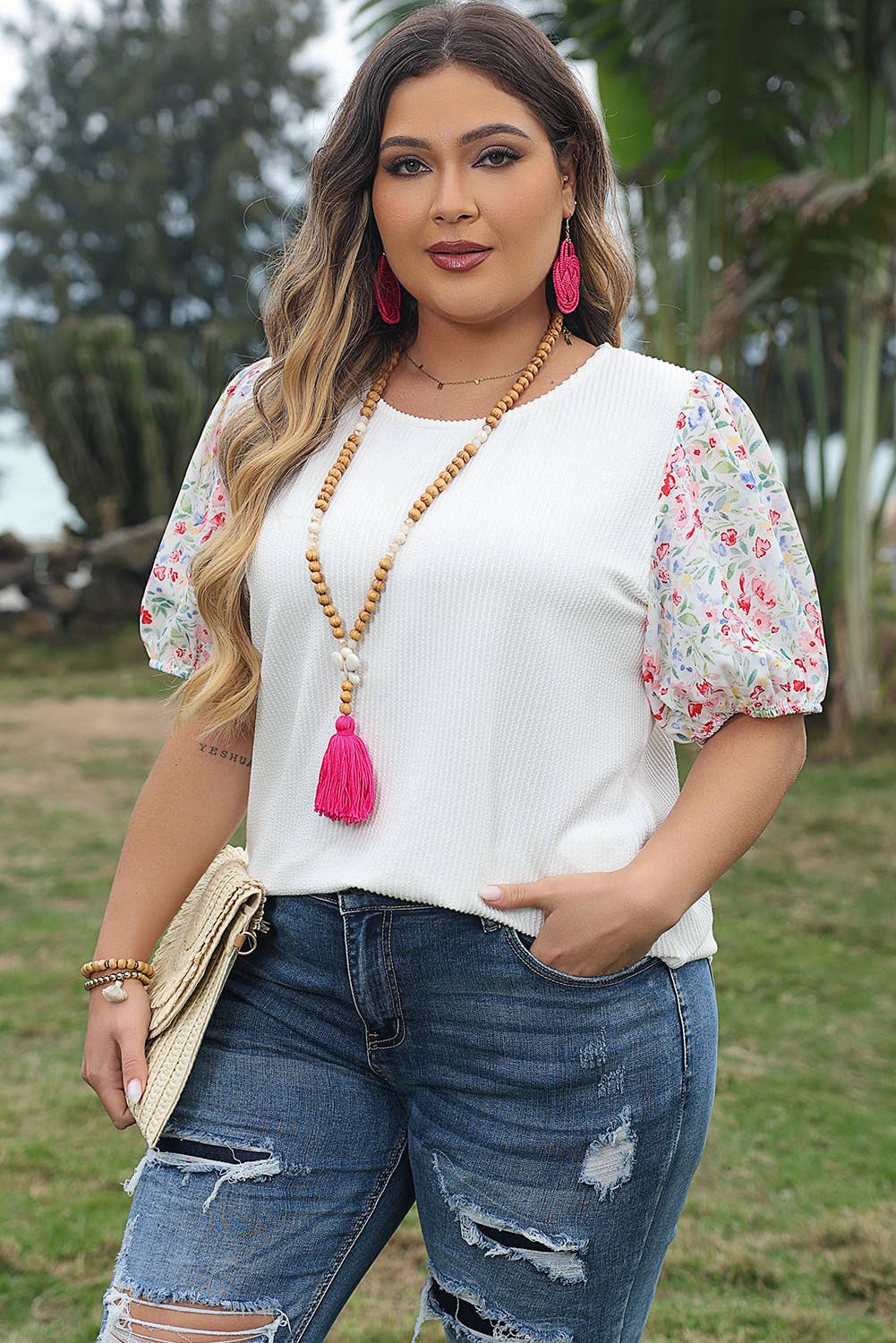 Floral Puff Sleeve Round Neck Ribbed Knit Plus Size Blouse: Plus Size / 3X / White
