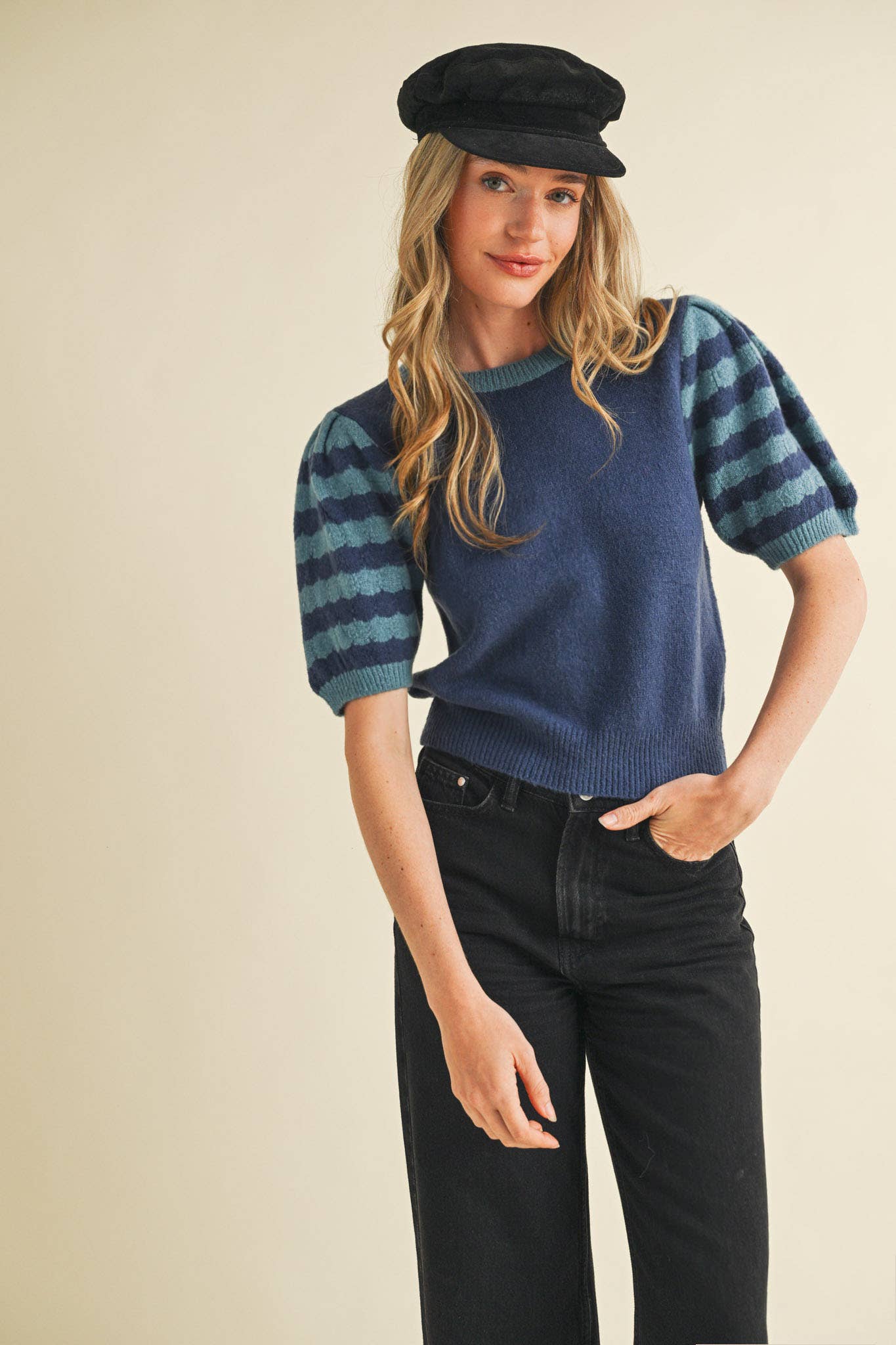 Soft Knit Striped Sweater with Puff Sleeves