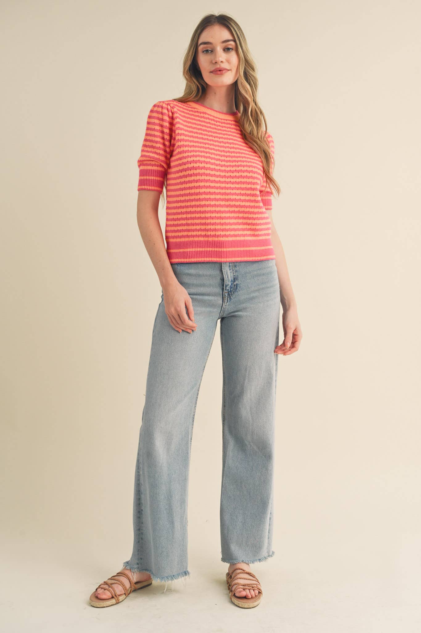 Striped Pointelle Knit Sweater with Puff Sleeves – Lightweight Crew Neck