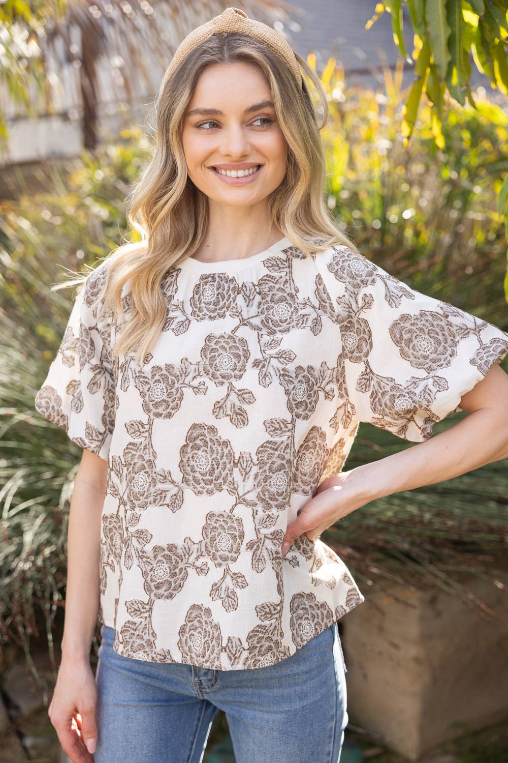 Floral Bubble Sleeve Top – Ribbed Round Neck Blouse