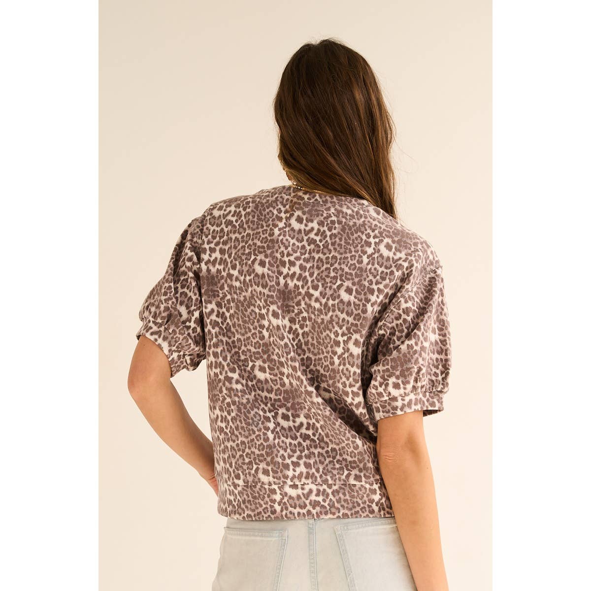Leopard Knit Top with Puff Half Sleeves – Soft Brown & Cream Preppy Pullover