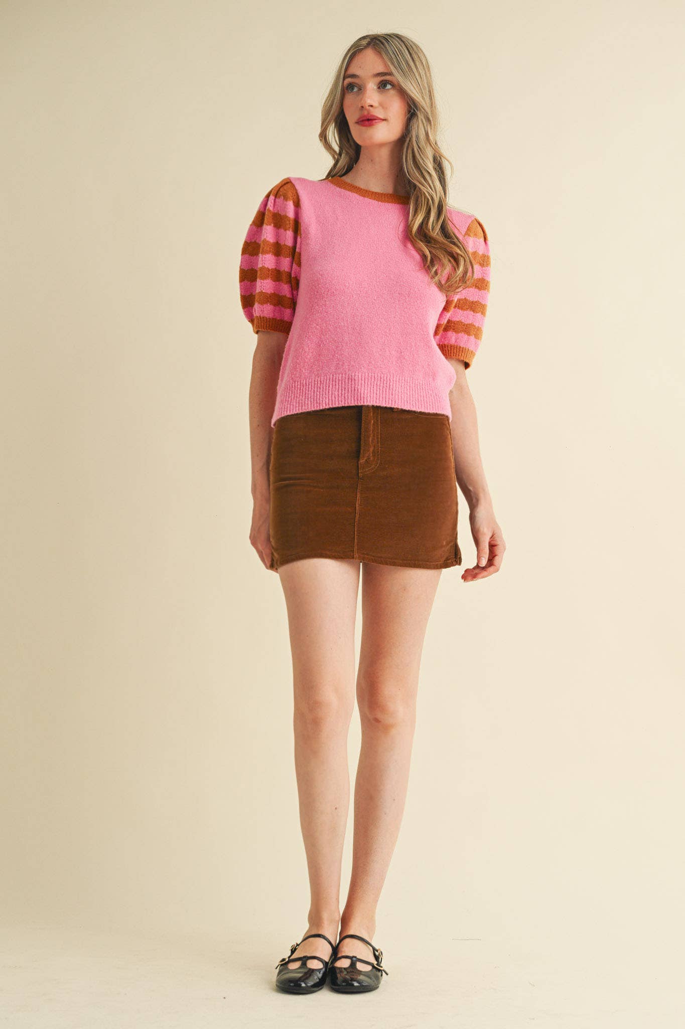 Soft Knit Striped Sweater with Puff Sleeves