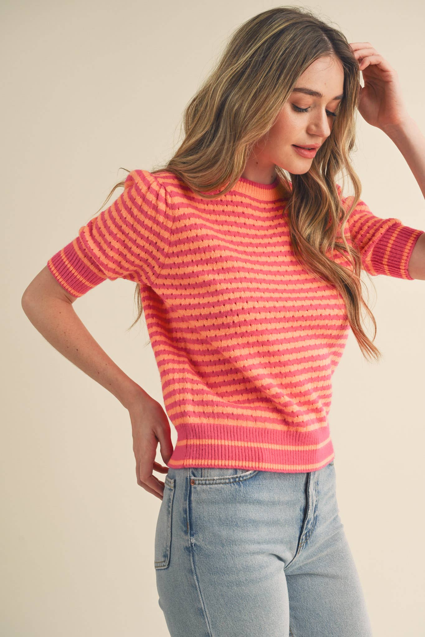 Striped Pointelle Knit Sweater with Puff Sleeves – Lightweight Crew Neck
