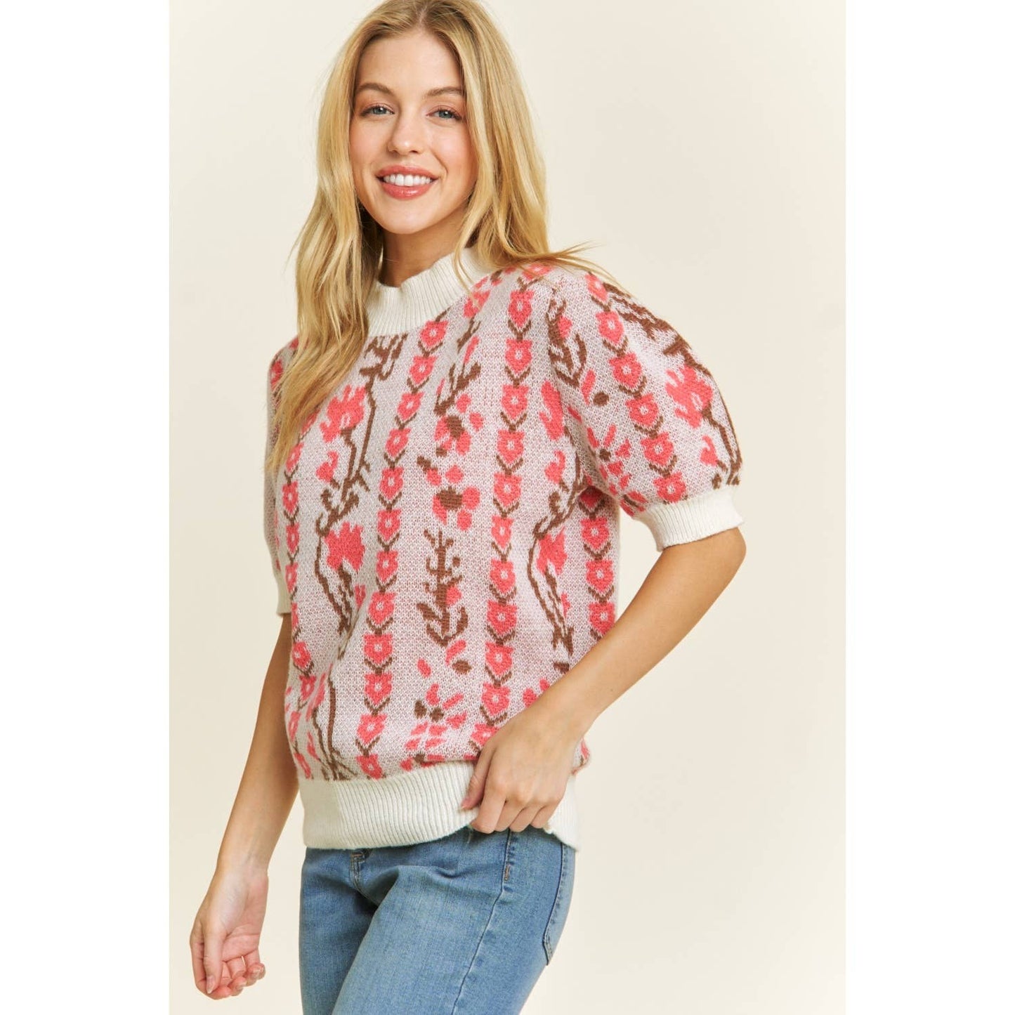 CUTE FLORAL JACQUARD CASUAL PULLOVER SWEATER