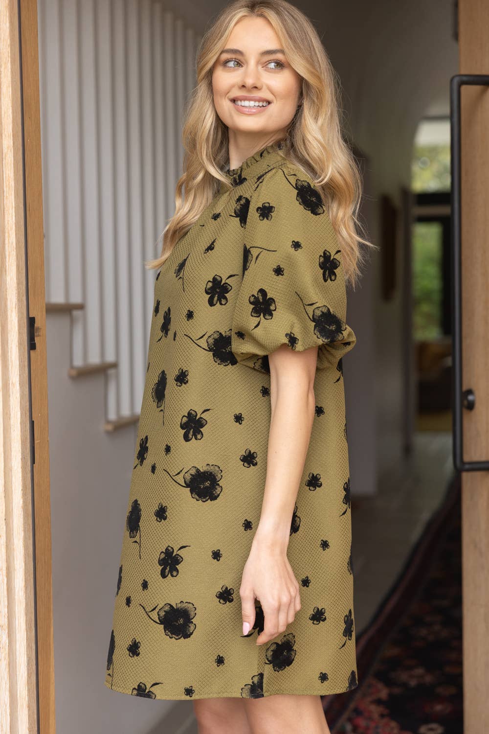 Floral Bubble Sleeve Dress with Ruffled Collar & Self-Tie Back