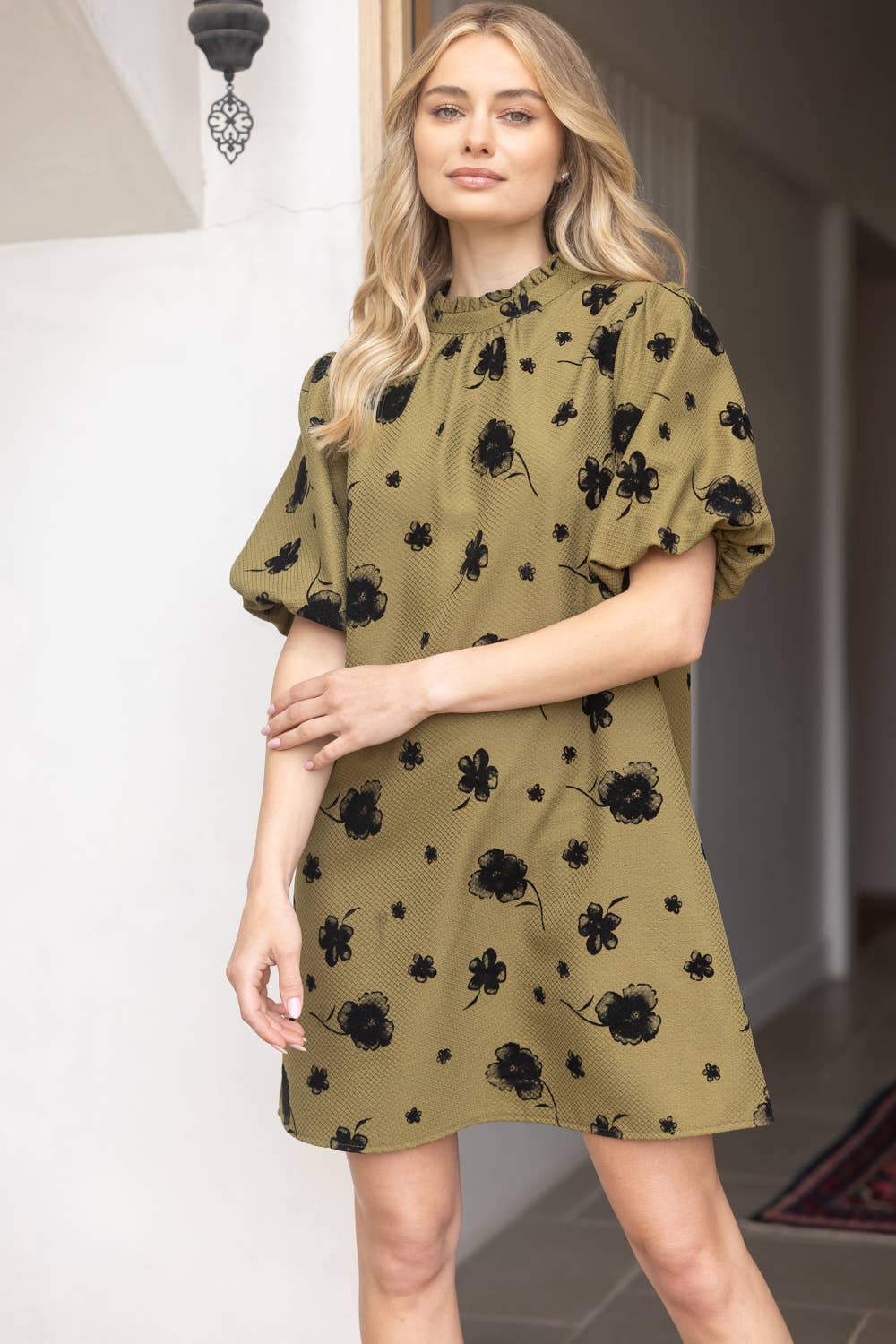Floral Bubble Sleeve Dress with Ruffled Collar & Self-Tie Back