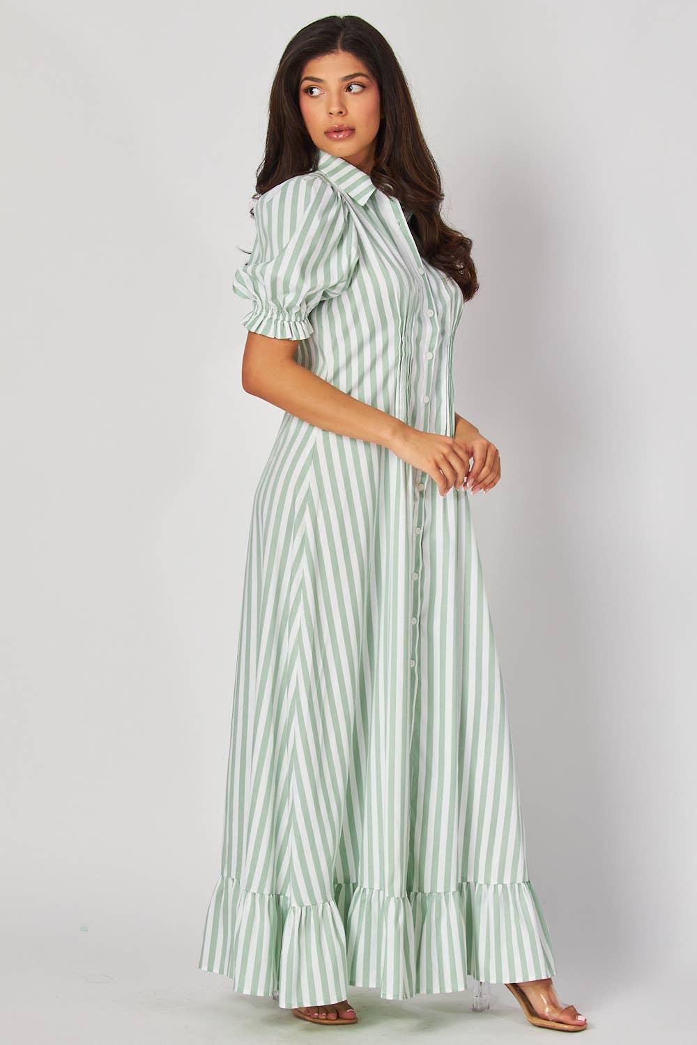 Stripe Bubble Sleeve Button-Down Maxi Dress-GREEN